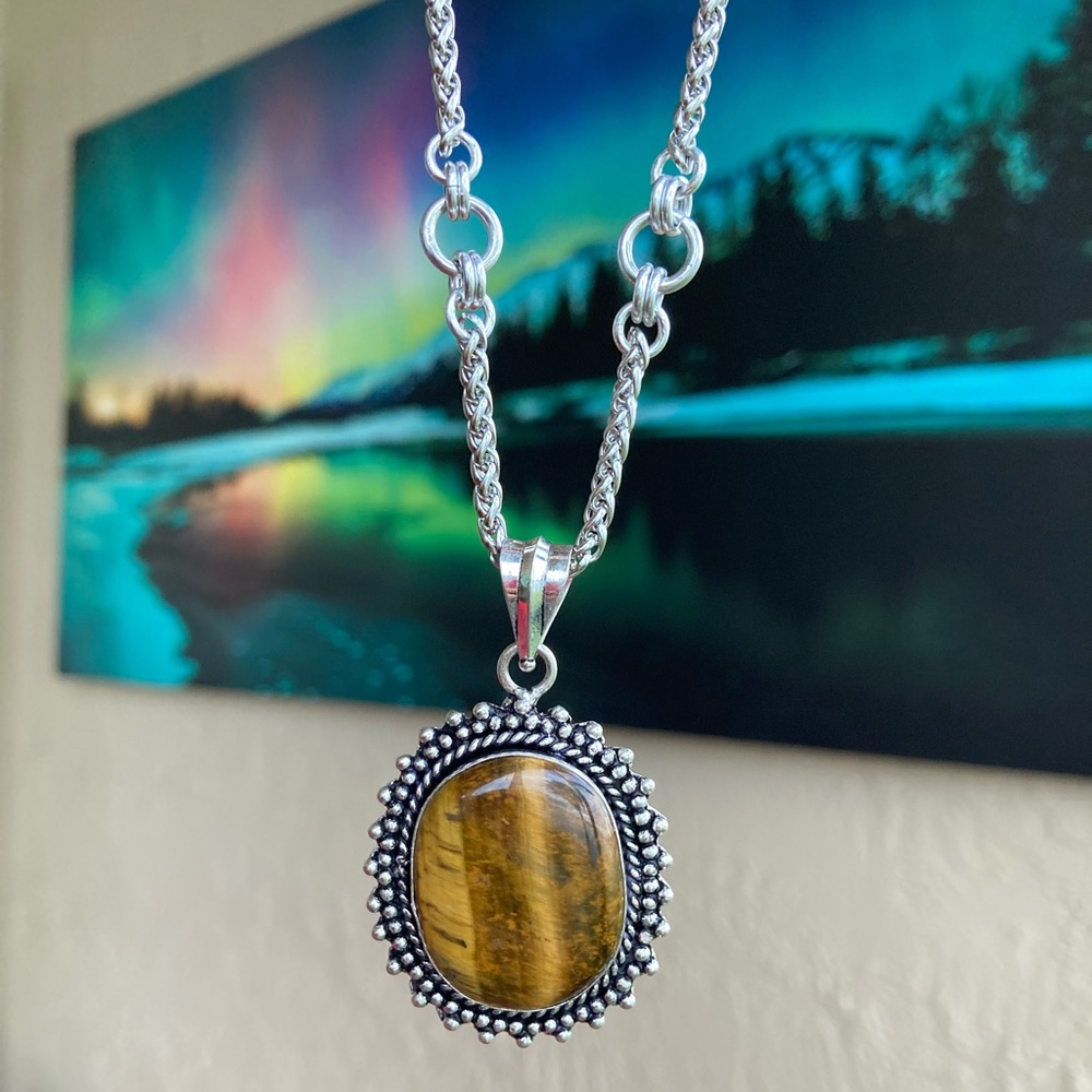 925 Sterling silver overlay golden brown tiger eye gemstone steel boho necklace - Picture 2 of 13